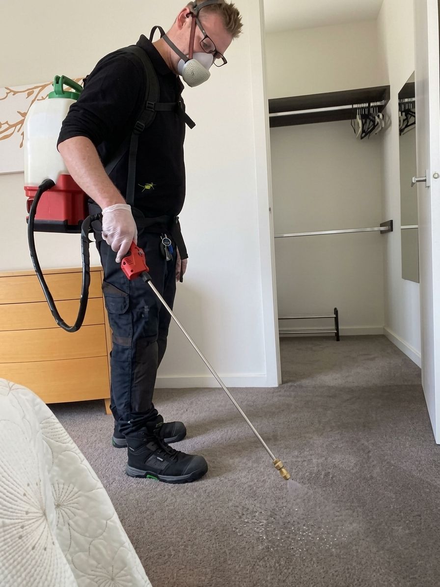SOS Pest Control technician spraying a bedroom carpet for carpet beetles in Melbourne